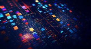 Blockchain network concept , Distributed register technology , Block chain code and computer connection with optical flares background. 3D Rendering