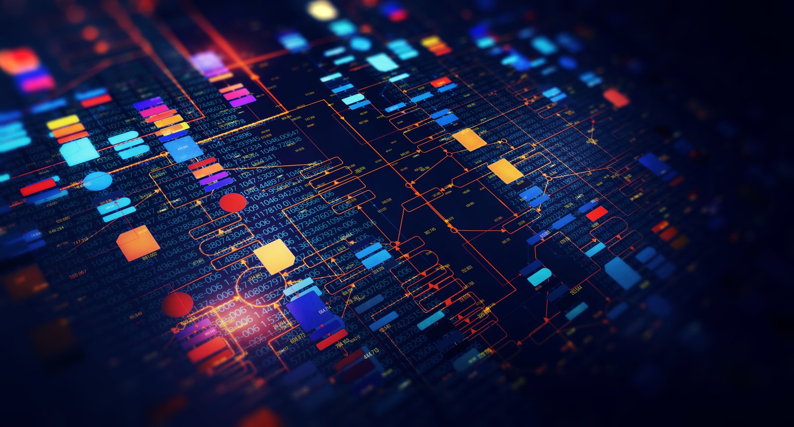 Blockchain network concept , Distributed register technology , Block chain code and computer connection with optical flares background. 3D Rendering