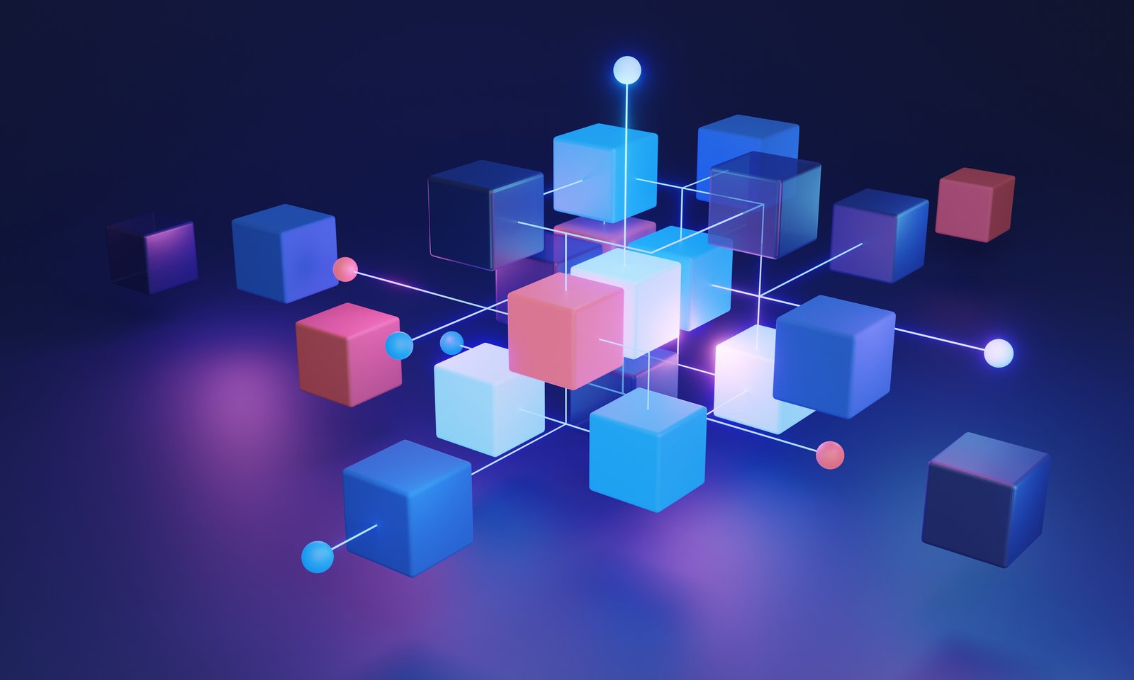 Decentralized blockchain system 3D concept, utilizing algorithmic technology and a distributed network for secure data clustering. Highly secure and reliable network for data storage and distribution.